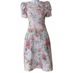 Vintage Algo Floral Quilted Bodice Midi Dress Pink Green Cotton Made in Canada 7